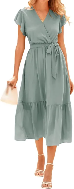 Womens Boho Dresses Summer Lightweight V Neck Ruffle Short Midi Dress Flowy Lace Up Tunic Floral Ruffle Hem Dresses