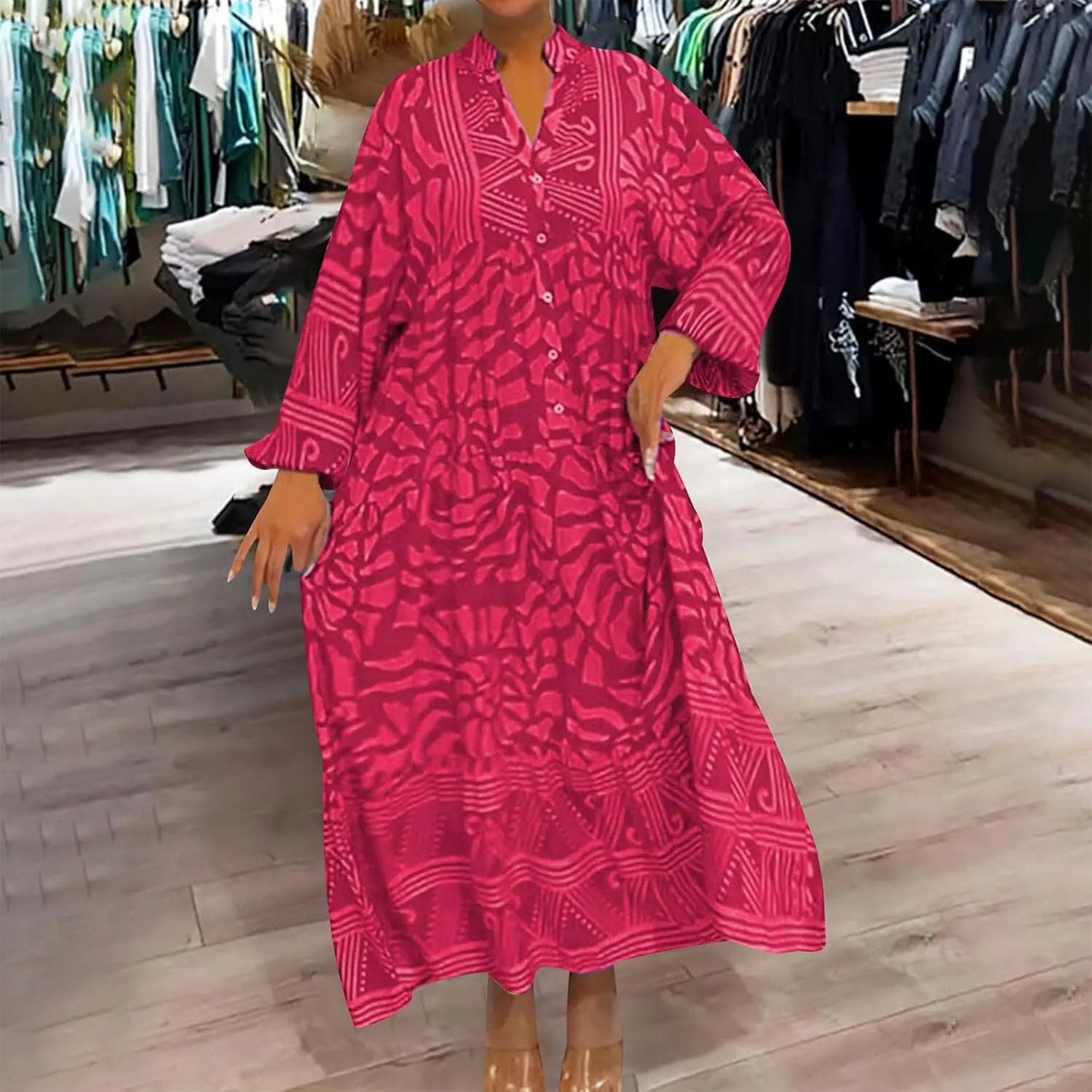 Women's Boho Maxi Dress Casual Loose Vintage Long Sleeve Button V Neck Floral Dresses Beach Vacation Cover Ups Dress
