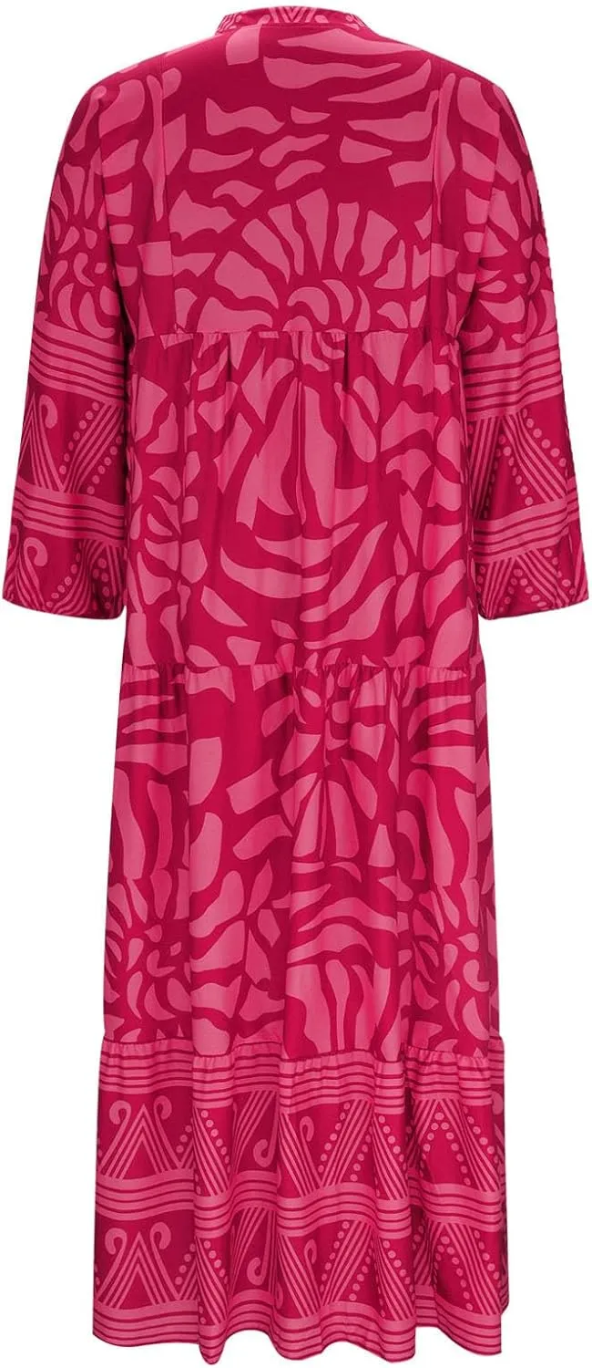 Women's Boho Maxi Dress Casual Loose Vintage Long Sleeve Button V Neck Floral Dresses Beach Vacation Cover Ups Dress