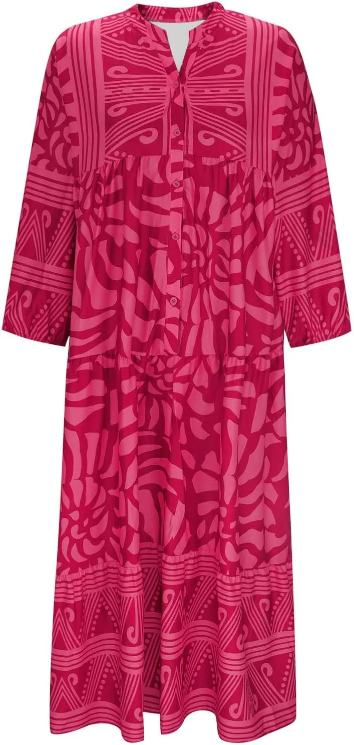 Women's Boho Maxi Dress Casual Loose Vintage Long Sleeve Button V Neck Floral Dresses Beach Vacation Cover Ups Dress