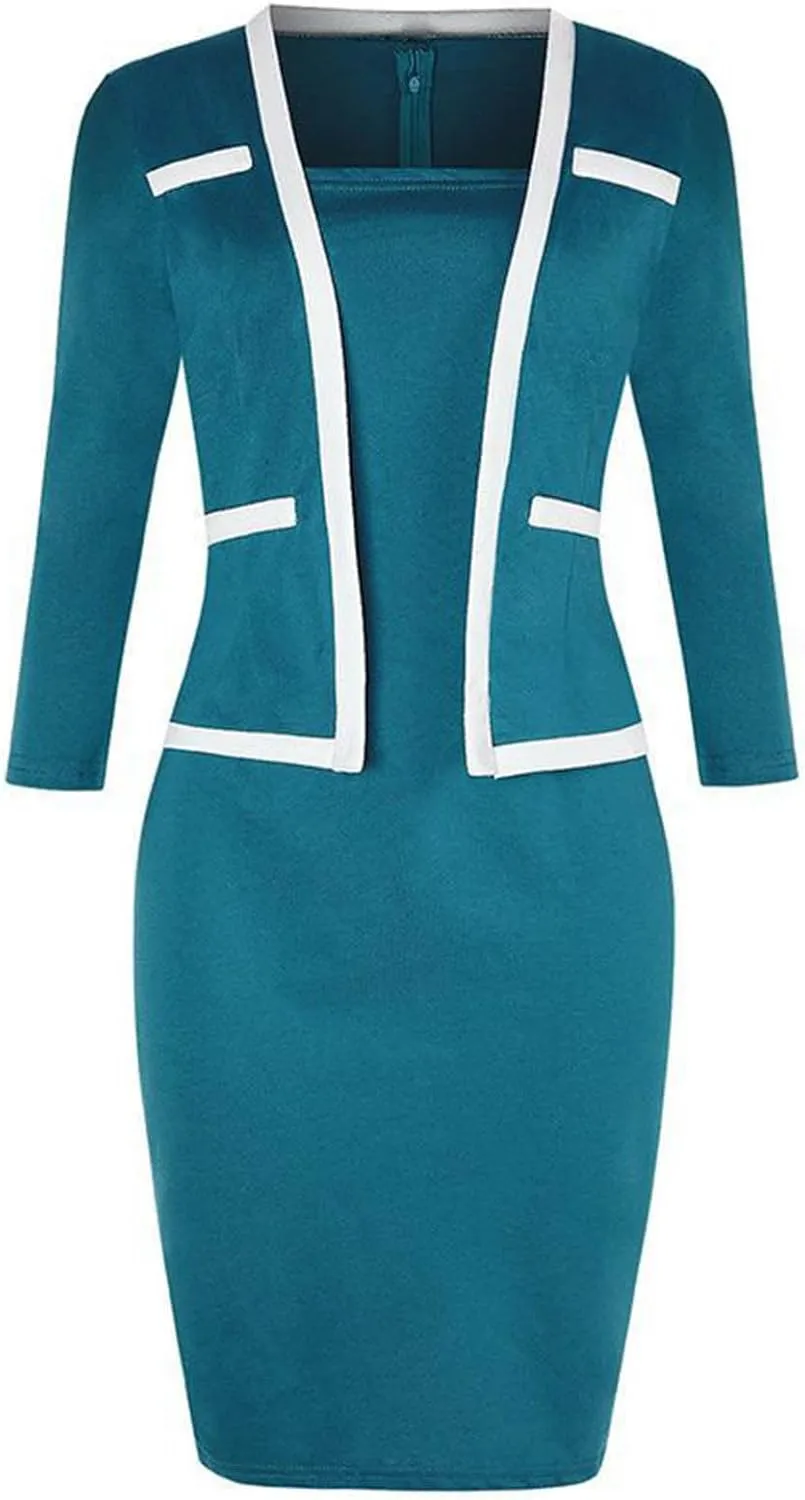 Women's Business Suit Dress Set Long Sleeve Blazer and Pencil Dress Formal Office Dresses