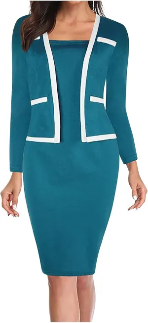 Women's Business Suit Dress Set Long Sleeve Blazer and Pencil Dress Formal Office Dresses