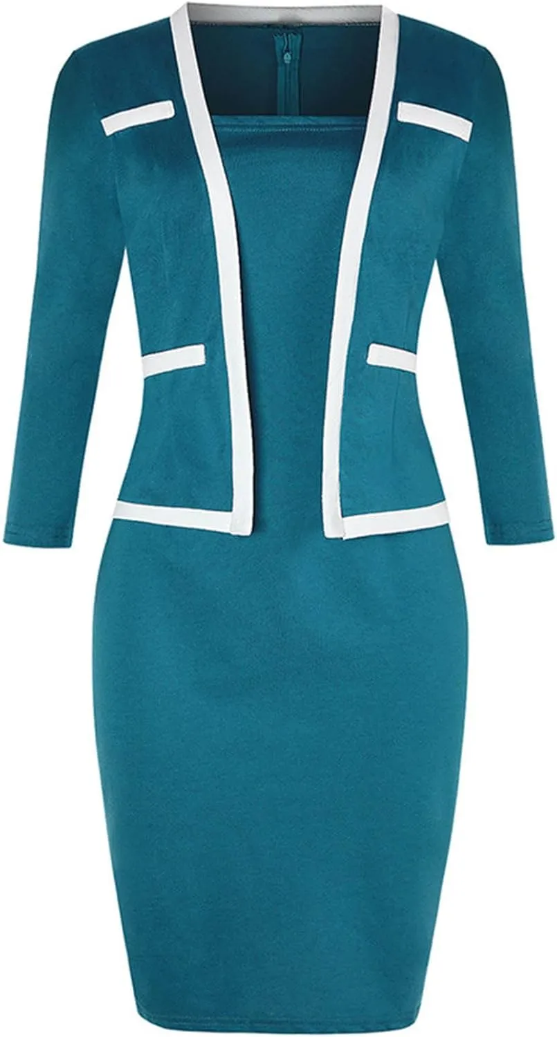 Women's Business Suit Dress Set Long Sleeve Blazer and Pencil Dress Formal Office Dresses
