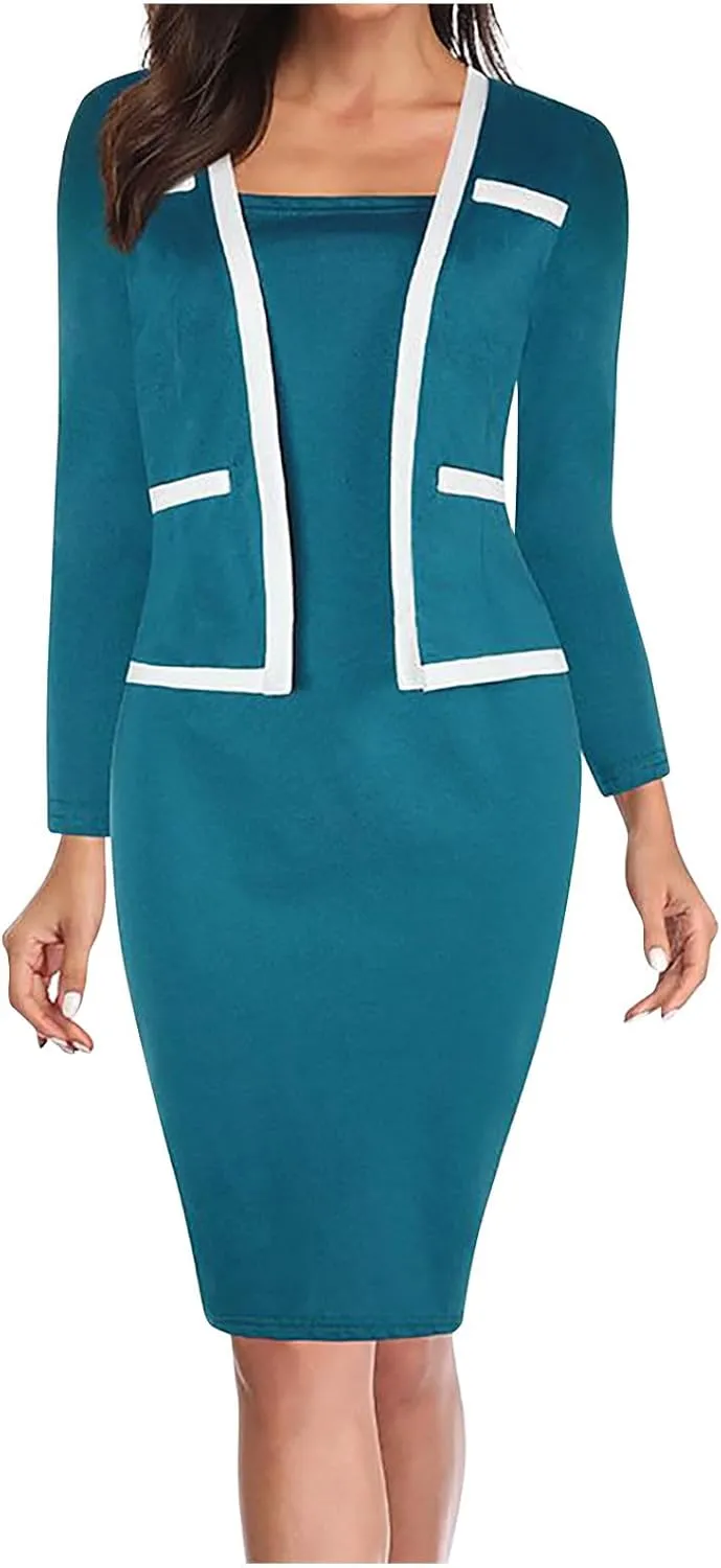 Women's Business Suit Dress Set Long Sleeve Blazer and Pencil Dress Formal Office Dresses