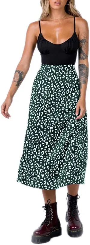 Women's Casual High Waist Boho Printed Side Split A-Line Midi Skirt Leopard Half-Length Maxi Swing Skirt