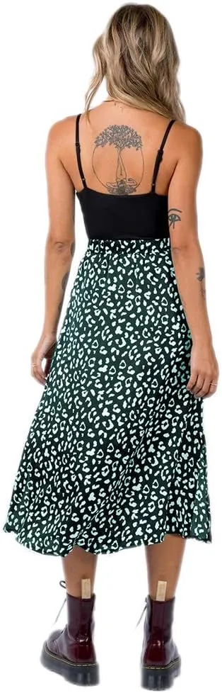 Women's Casual High Waist Boho Printed Side Split A-Line Midi Skirt Leopard Half-Length Maxi Swing Skirt