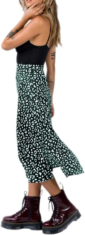 Women's Casual High Waist Boho Printed Side Split A-Line Midi Skirt Leopard Half-Length Maxi Swing Skirt