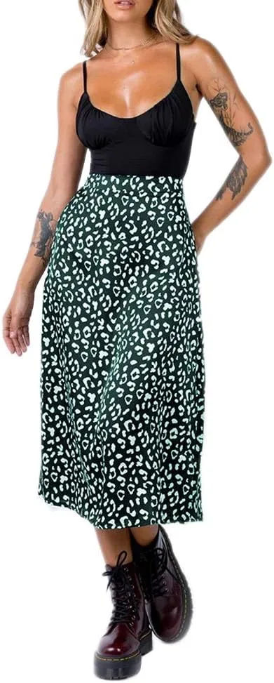 Women's Casual High Waist Boho Printed Side Split A-Line Midi Skirt Leopard Half-Length Maxi Swing Skirt