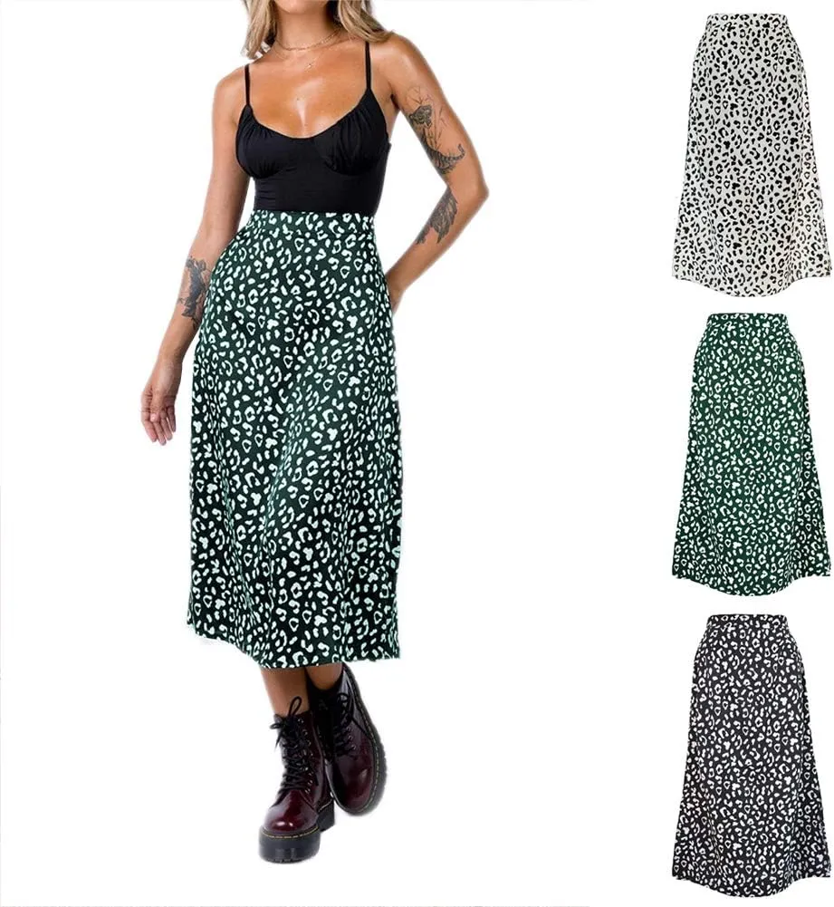 Women's Casual High Waist Boho Printed Side Split A-Line Midi Skirt Leopard Half-Length Maxi Swing Skirt