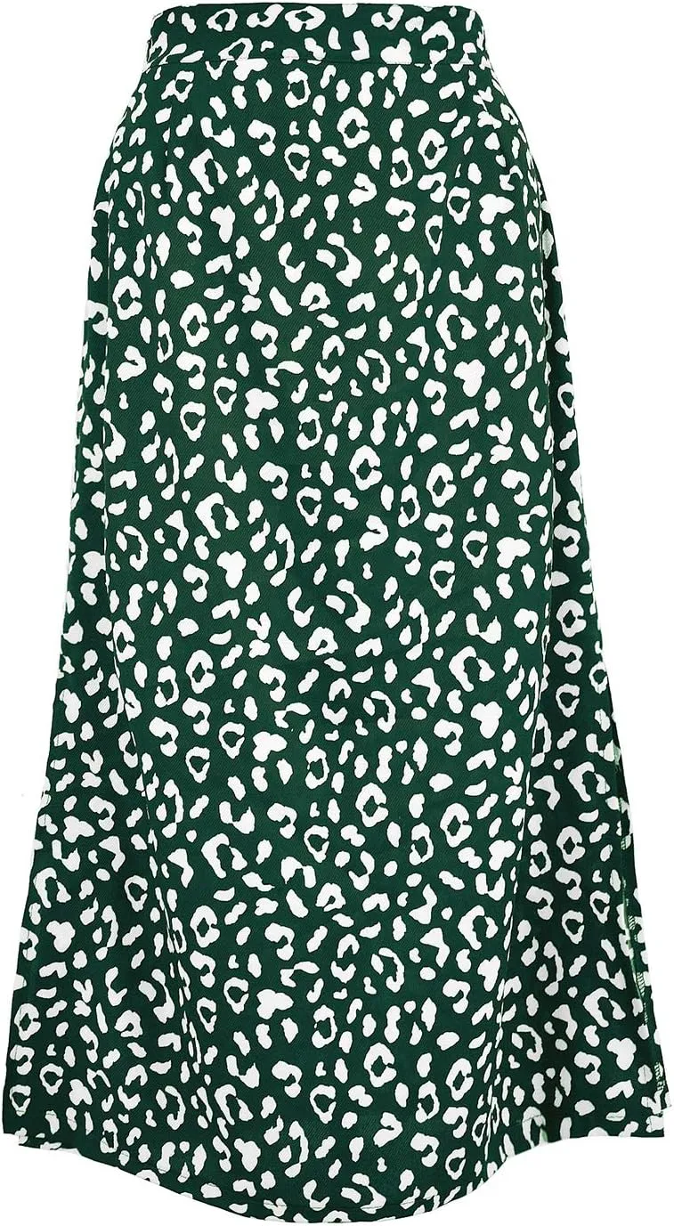 Women's Casual High Waist Boho Printed Side Split A-Line Midi Skirt Leopard Half-Length Maxi Swing Skirt