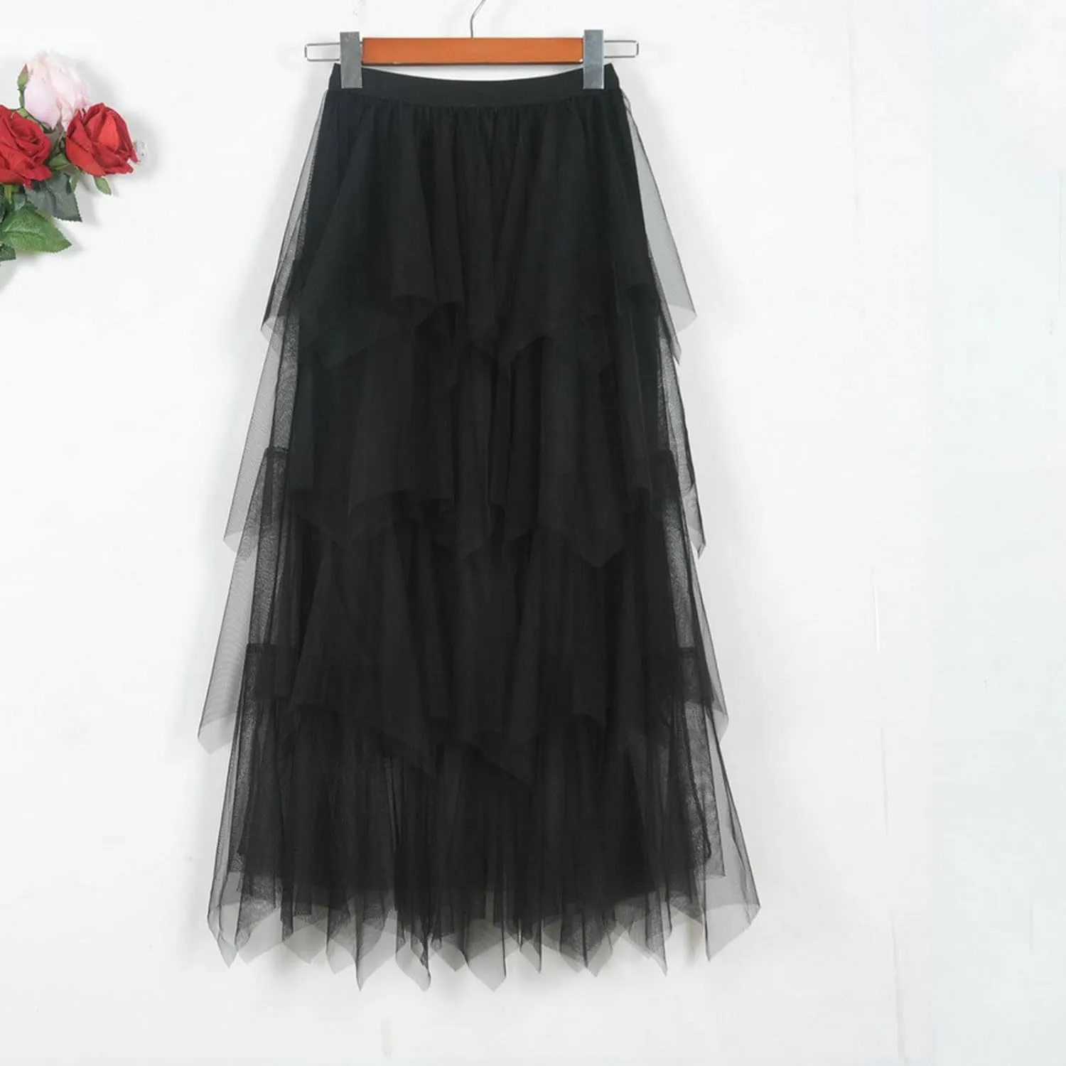 Women's Casual Irregular Cake Skirt Mid-Length High-Waisted Gauze Skirts Midi Elastic Flowy A-Line Mesh Tutu Skirts