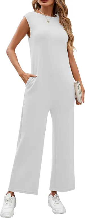 Women's Casual Loose Jumpsuits Overalls One Piece Crew Neck Sleeveless Wide Leg Long Pant Rompers with Pockets