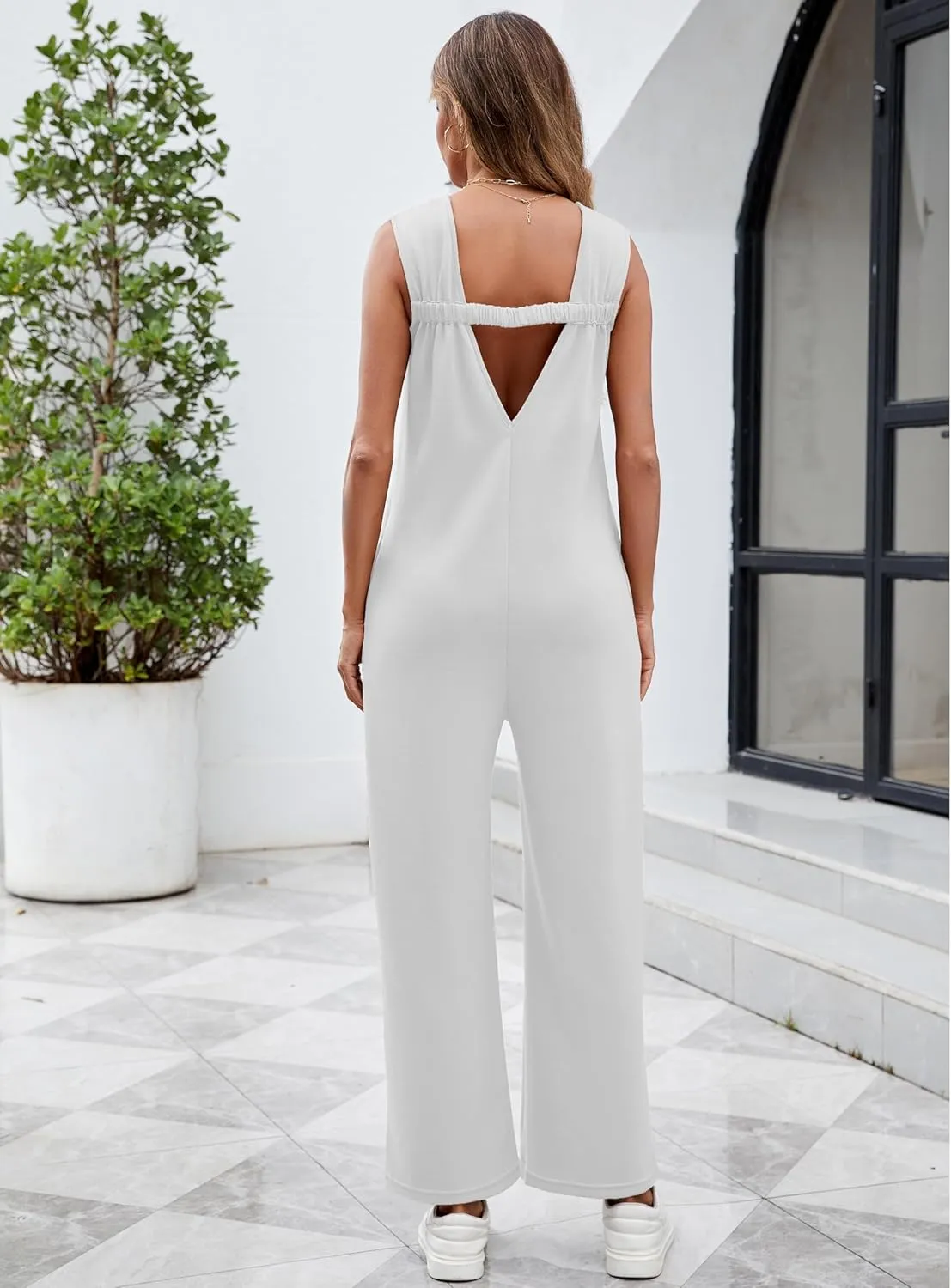 Women's Casual Loose Jumpsuits Overalls One Piece Crew Neck Sleeveless Wide Leg Long Pant Rompers with Pockets