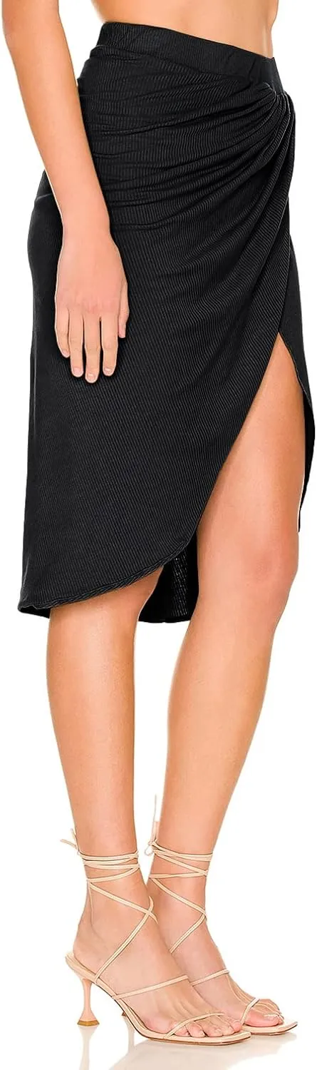 Women's Casual Slit Fold Asymmetrical Elastic High Waist Bodycon Midi Swing A-line Skirt for Women