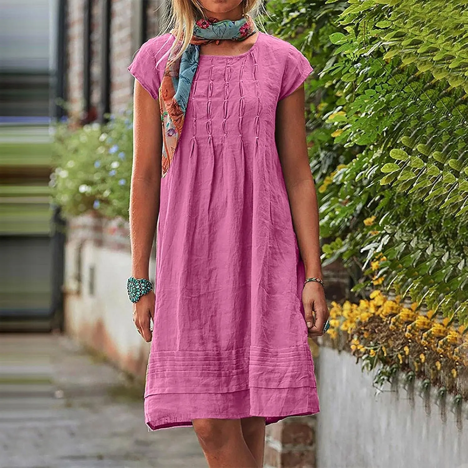 Womens Casual Summer T Shirt Dress Loose Cap Sleeve Pleated Tunic Dress Plus Size Cotton Linen Dress for Women Midi