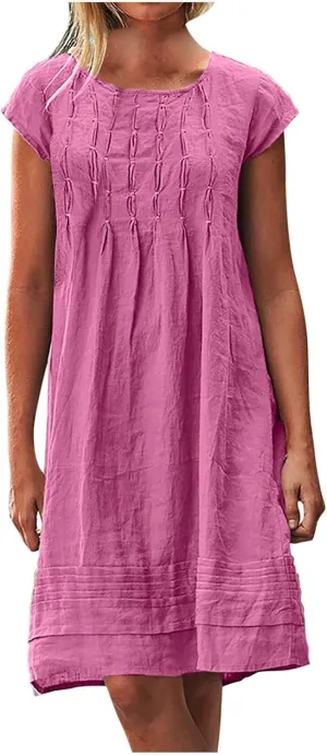 Womens Casual Summer T Shirt Dress Loose Cap Sleeve Pleated Tunic Dress Plus Size Cotton Linen Dress for Women Midi