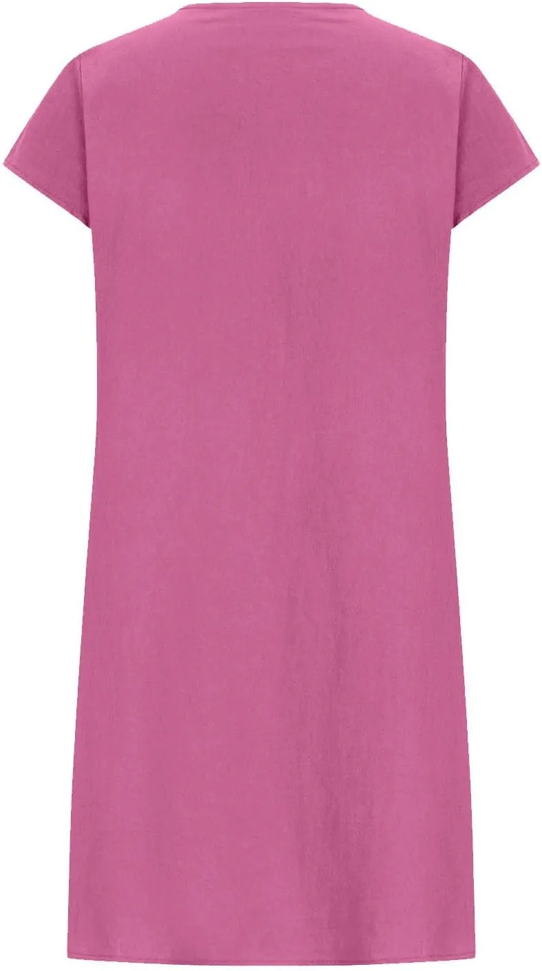 Womens Casual Summer T Shirt Dress Loose Cap Sleeve Pleated Tunic Dress Plus Size Cotton Linen Dress for Women Midi