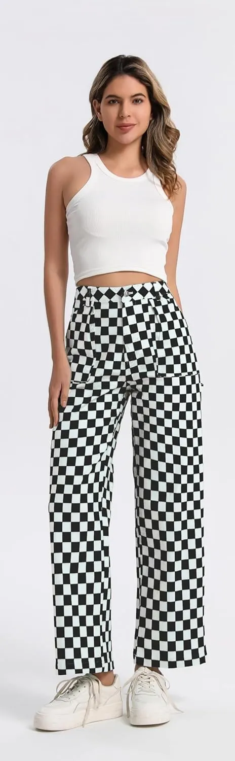 Womens Checkered Pants High Waisted Straight Wide Leg Gingham Baggy Jeans Trousers with Pockets