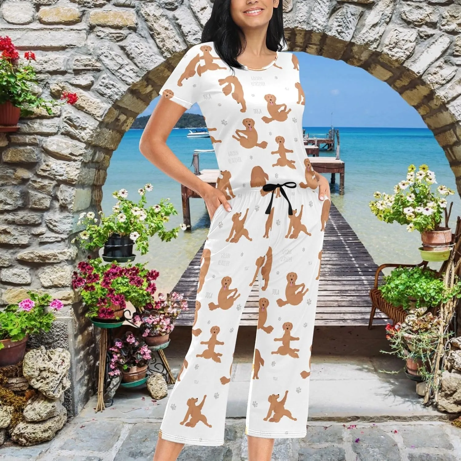 Women's Comfy Stylish 2 Pcs Loungewear Set,Casual Sleepwear Short Sleeve Tops & Capri Pants PJs Set with Pockets