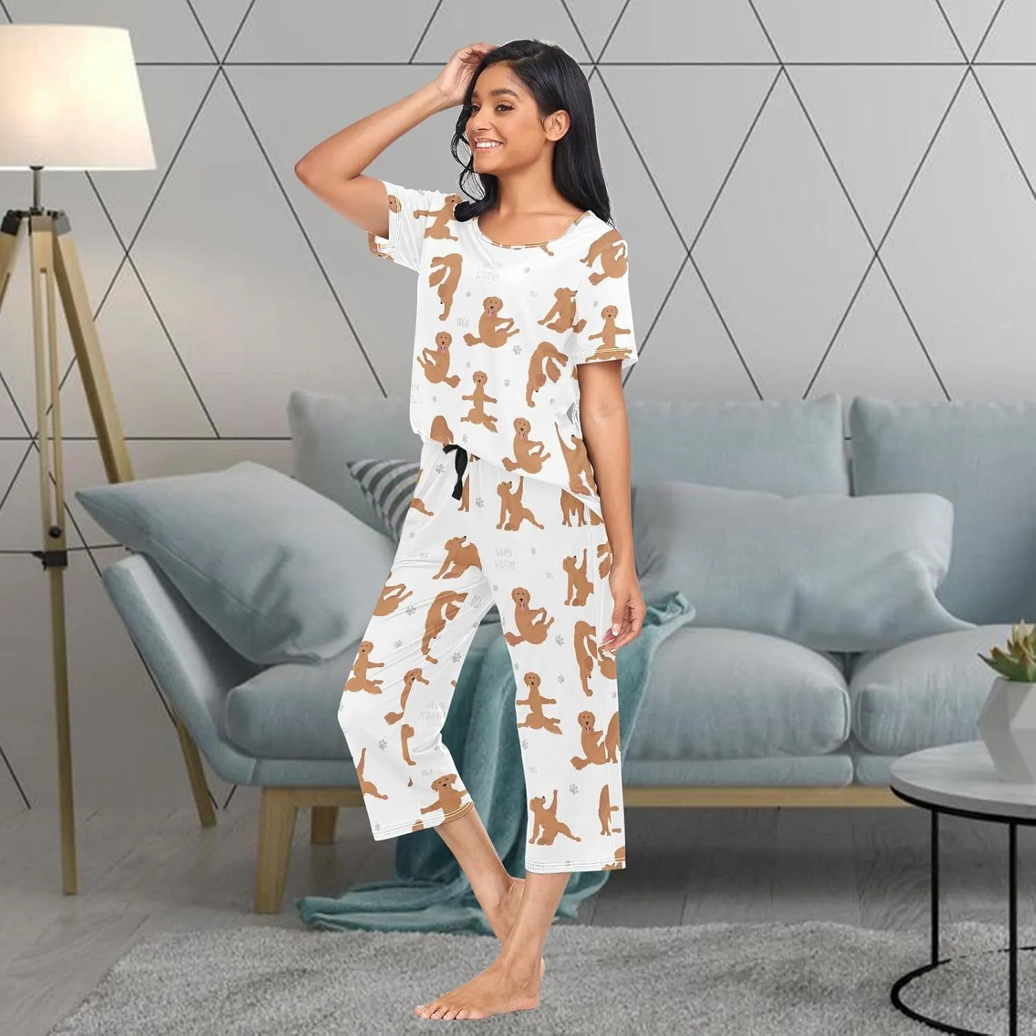 Women's Comfy Stylish 2 Pcs Loungewear Set,Casual Sleepwear Short Sleeve Tops & Capri Pants PJs Set with Pockets