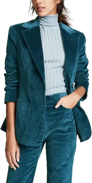Women's Corduroy 2 Piece Suit Solid Blazer with Pocket Pants Set Outfits