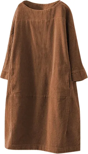 Womens Corduroy Vintage Long Sleeve Dress Oversize Tunic Dress Casual Loose Fit Dress Plus Size Mini Dress with Pocket