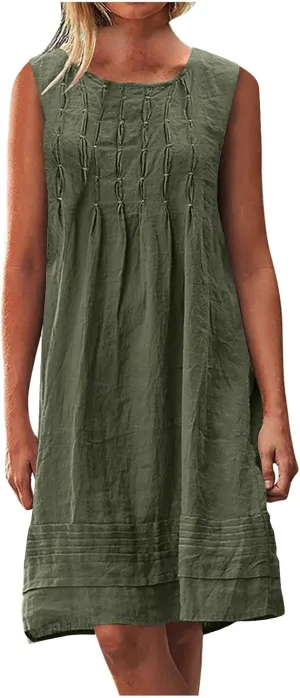 Womens Cotton Linen Casual Dresses Summer Sleeveless Crewneck Pleated Midi Dress 2025 Trendy Loose Beach Sundress
