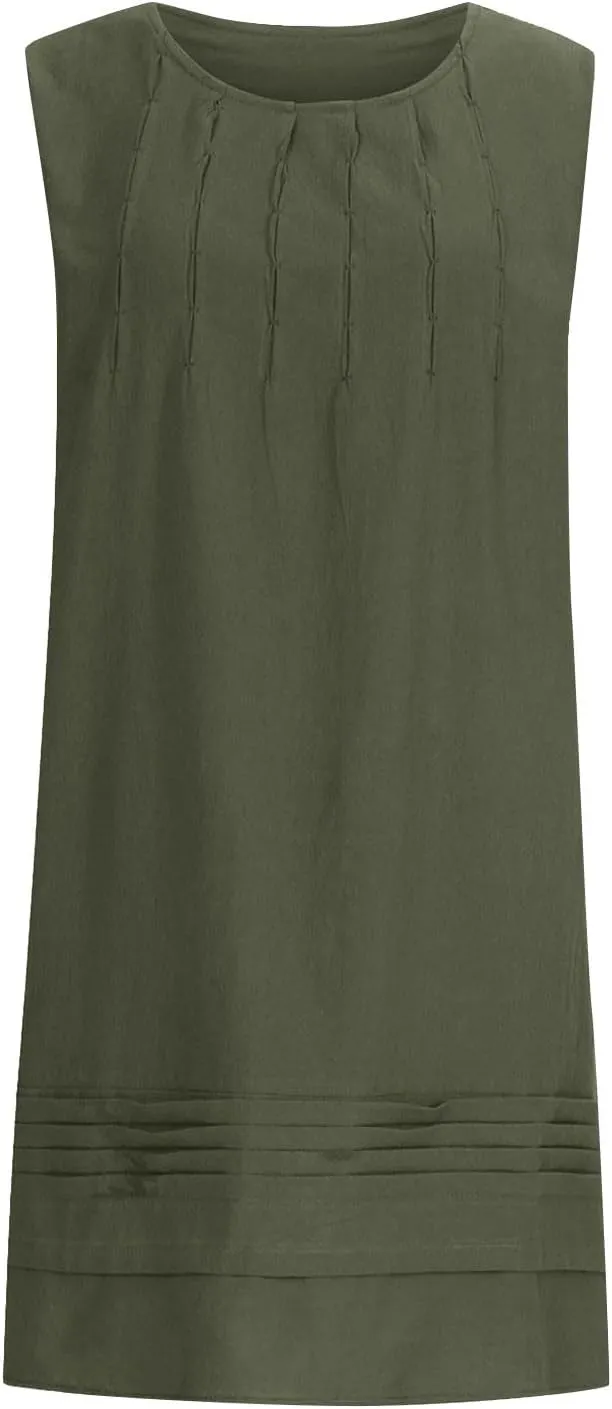 Womens Cotton Linen Casual Dresses Summer Sleeveless Crewneck Pleated Midi Dress 2025 Trendy Loose Beach Sundress