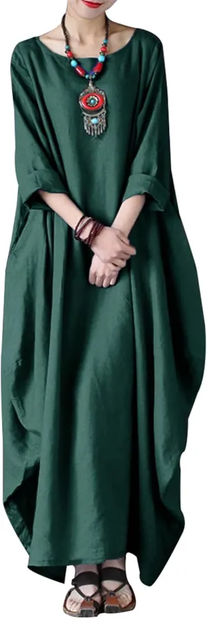Women's Cotton Linen Irregular Double Layer Dress,Plus Size Long Sleeve Loose Boho Caftan Beach Dress