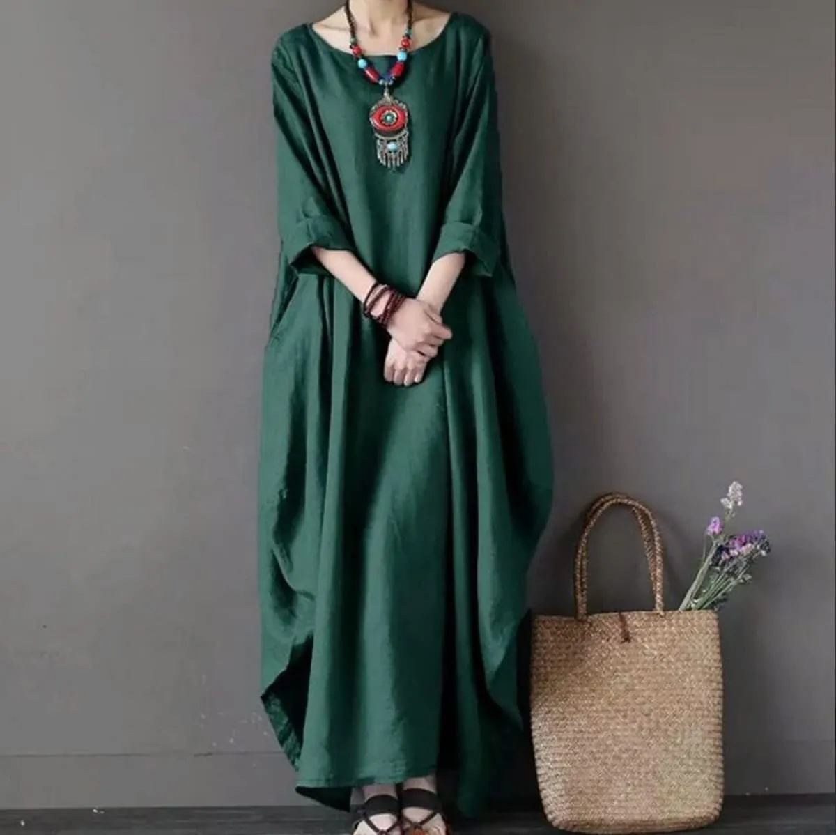 Women's Cotton Linen Irregular Double Layer Dress,Plus Size Long Sleeve Loose Boho Caftan Beach Dress