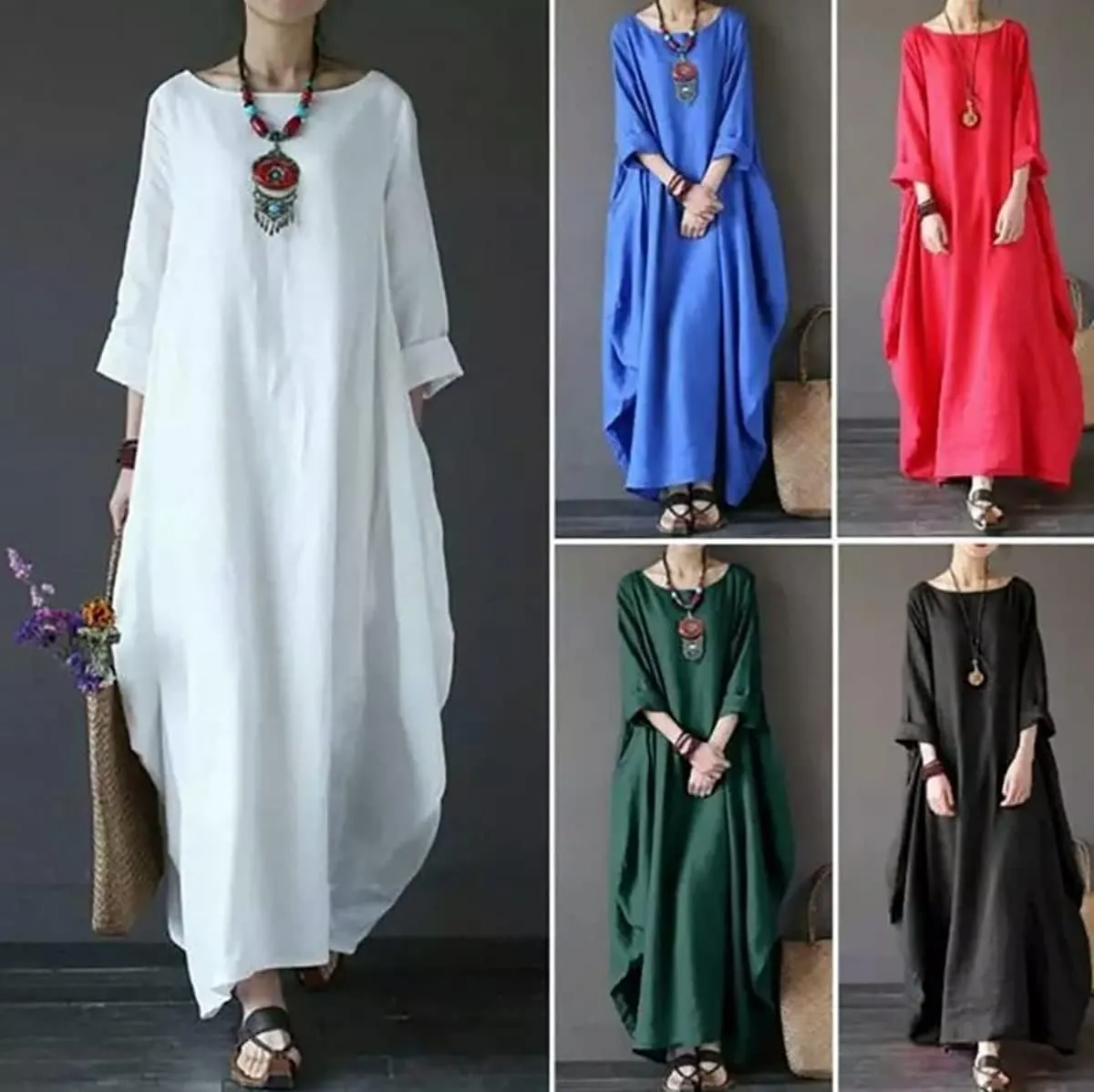 Women's Cotton Linen Irregular Double Layer Dress,Plus Size Long Sleeve Loose Boho Caftan Beach Dress