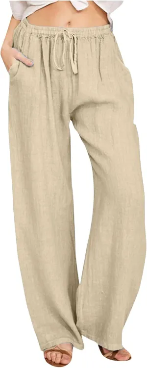 Women's Cotton Linen Summer Flowy Palazzo Lounge Pants Low Waist Ankle Length Loose Fit Palazzo Pants Work Business