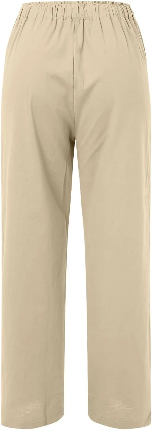 Women's Cotton Linen Summer Flowy Palazzo Lounge Pants Low Waist Ankle Length Loose Fit Palazzo Pants Work Business