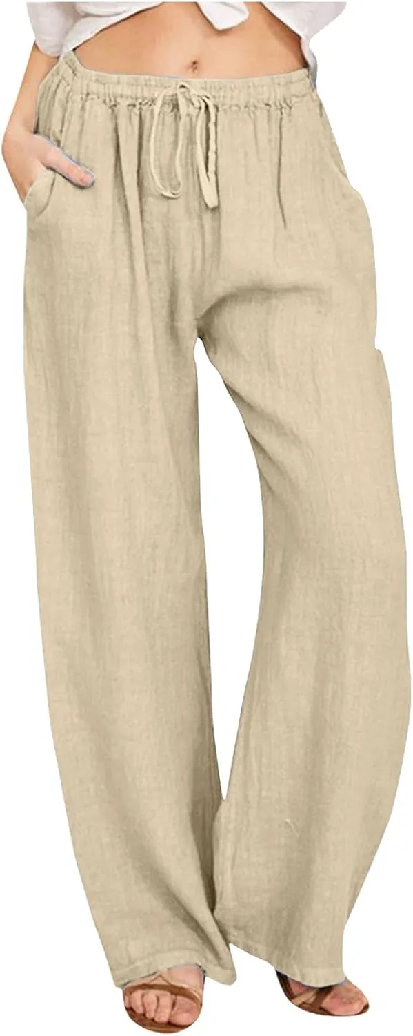 Women's Cotton Linen Summer Flowy Palazzo Lounge Pants Low Waist Ankle Length Loose Fit Palazzo Pants Work Business
