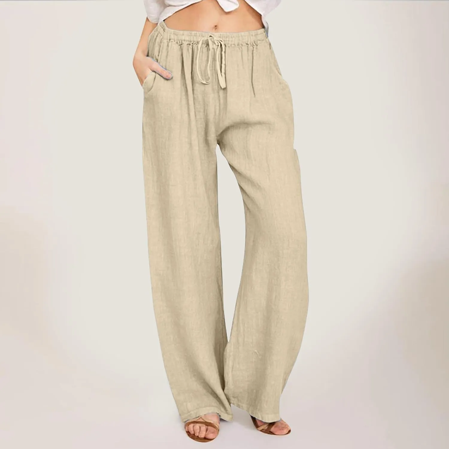 Women's Cotton Linen Summer Flowy Palazzo Lounge Pants Low Waist Ankle Length Loose Fit Palazzo Pants Work Business