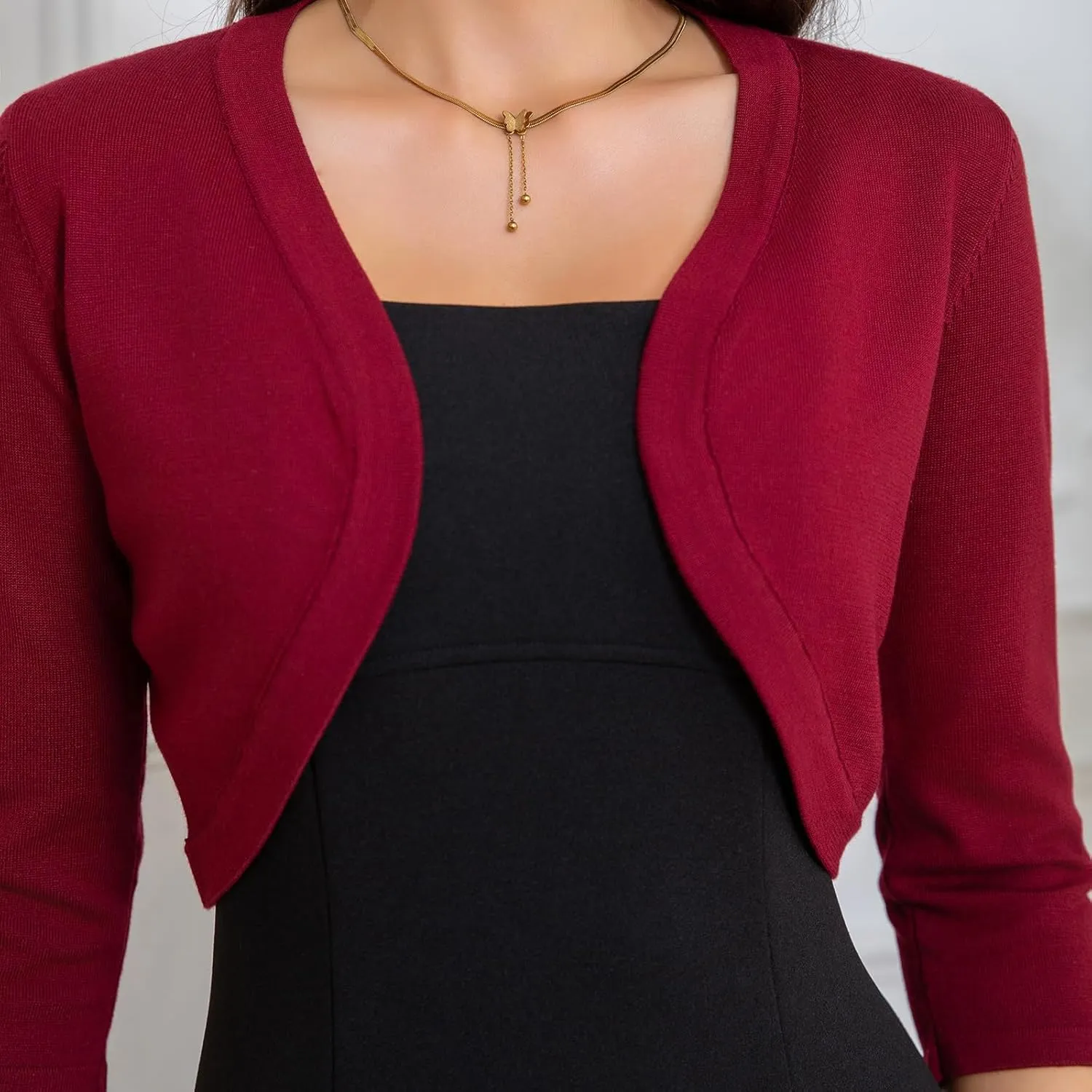 Women's Cropped 3/4 Sleeve Knit Cardigan - Open Front Bolero Shrug