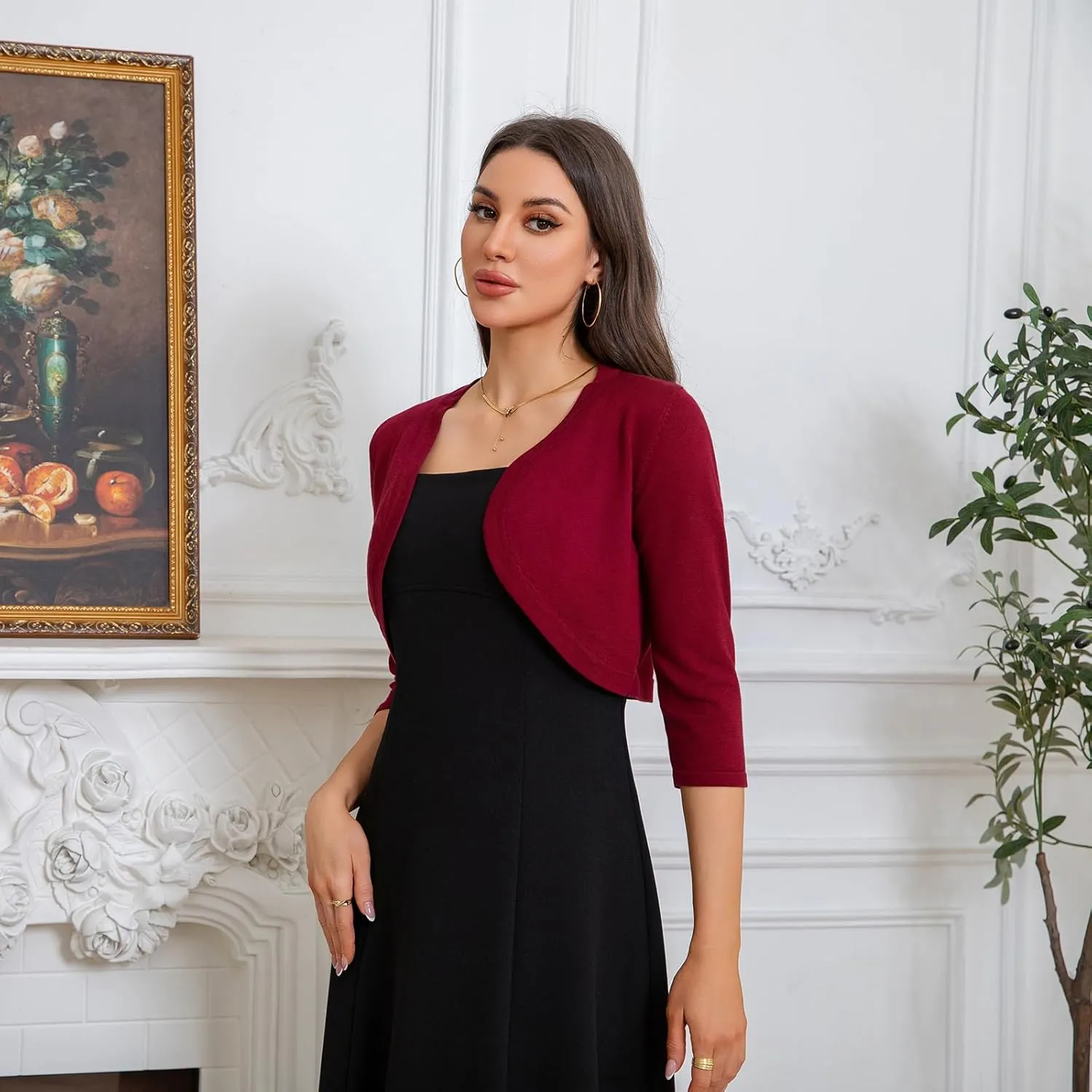 Women's Cropped 3/4 Sleeve Knit Cardigan - Open Front Bolero Shrug
