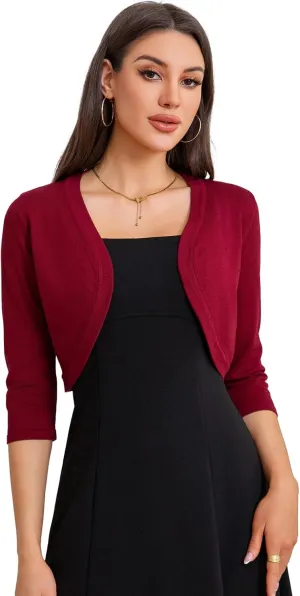 Women's Cropped 3/4 Sleeve Knit Cardigan - Open Front Bolero Shrug