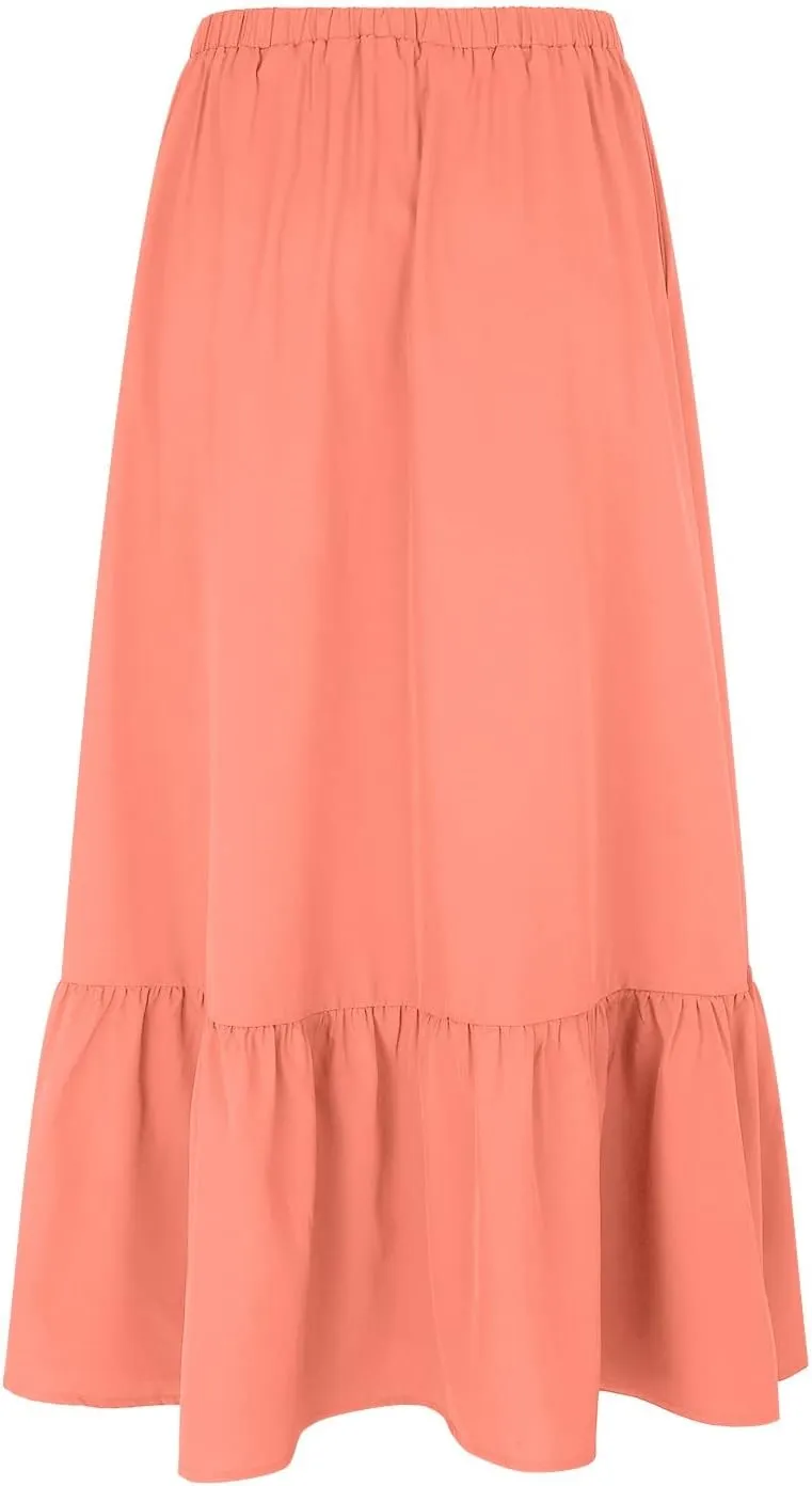 Womens Elastic High Waist A-Line Beach Maxi Skirt Ruffle A Line Swing Long Skirts Casual Summer Women Midi