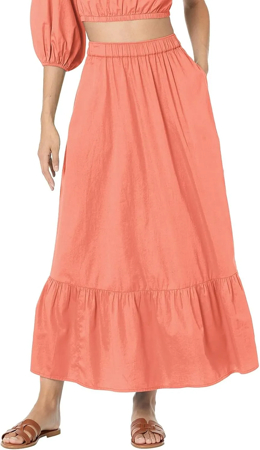 Womens Elastic High Waist A-Line Beach Maxi Skirt Ruffle A Line Swing Long Skirts Casual Summer Women Midi