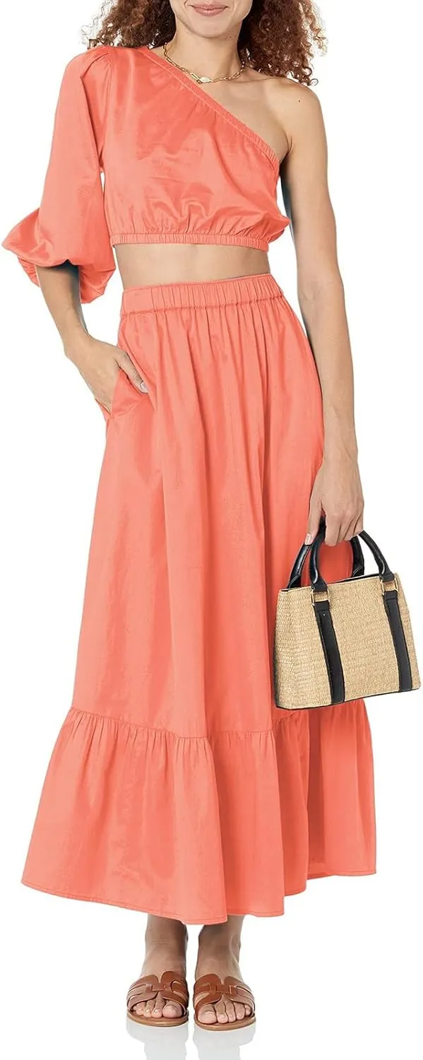 Womens Elastic High Waist A-Line Beach Maxi Skirt Ruffle A Line Swing Long Skirts Casual Summer Women Midi