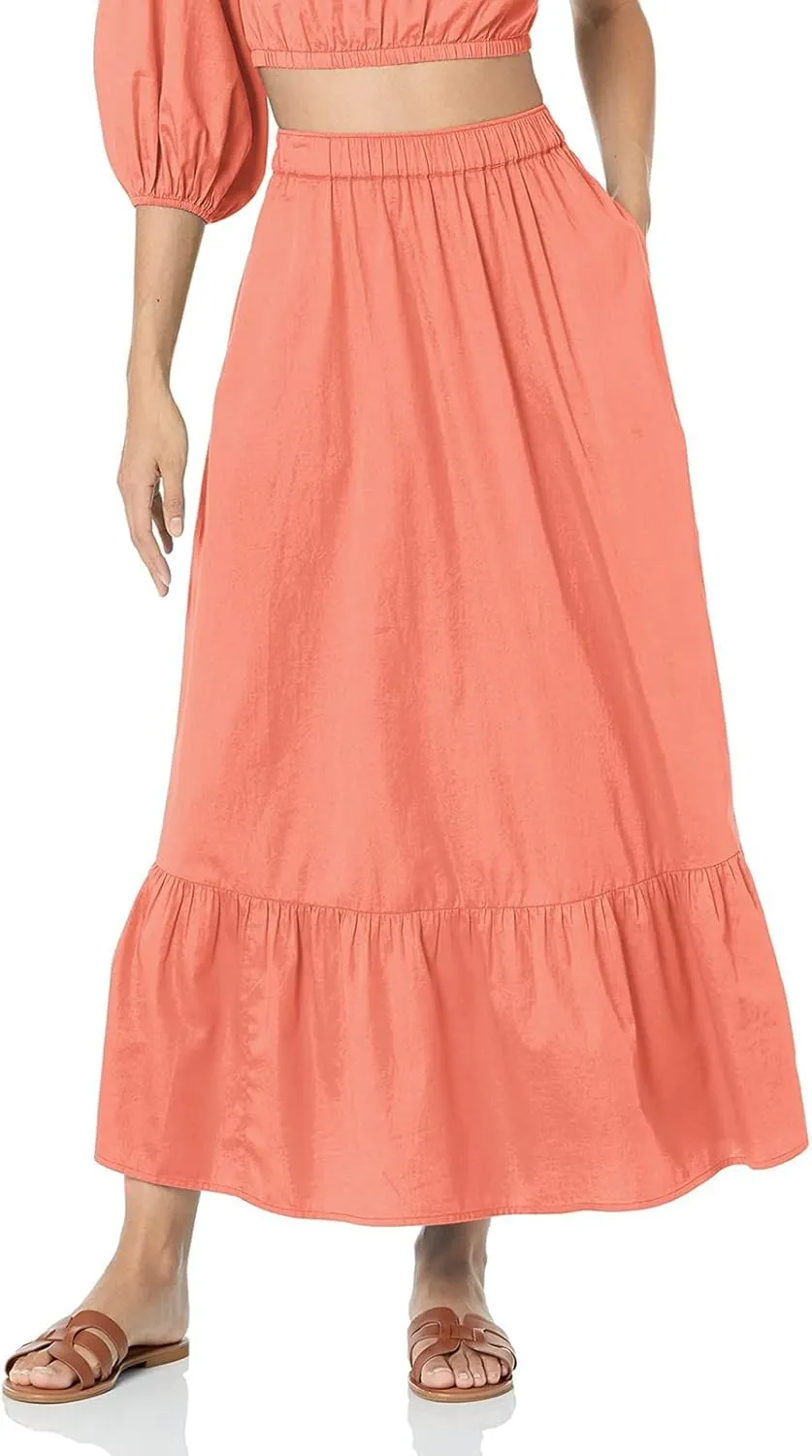Womens Elastic High Waist A-Line Beach Maxi Skirt Ruffle A Line Swing Long Skirts Casual Summer Women Midi