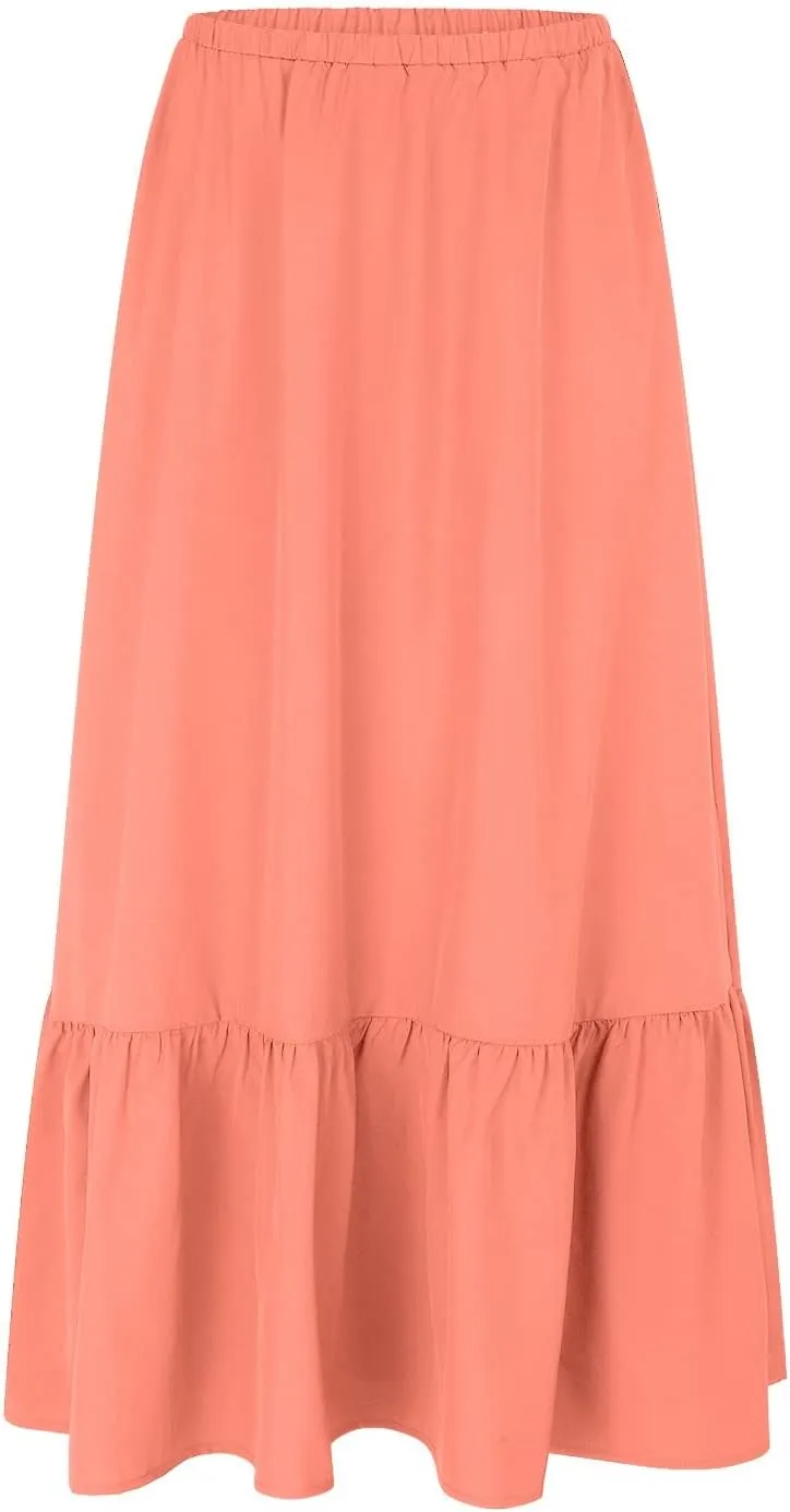 Womens Elastic High Waist A-Line Beach Maxi Skirt Ruffle A Line Swing Long Skirts Casual Summer Women Midi