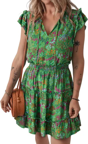 Women's Floral Print Boho Short Dress Summer Tie Front Ruffle Trim Tiered Mini Dress Cute Empire Waist Sundress