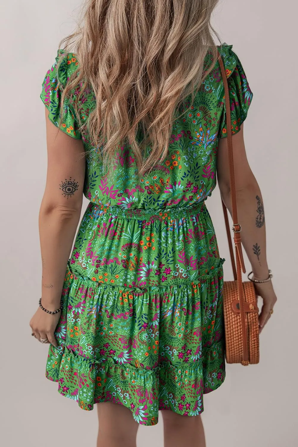 Women's Floral Print Boho Short Dress Summer Tie Front Ruffle Trim Tiered Mini Dress Cute Empire Waist Sundress