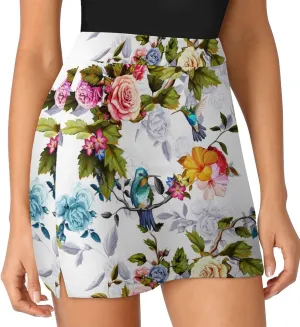 Women's Golf Tennis Skirts Spring Hummingbird Flower Inner Shorts High Waisted with Pocket Skort