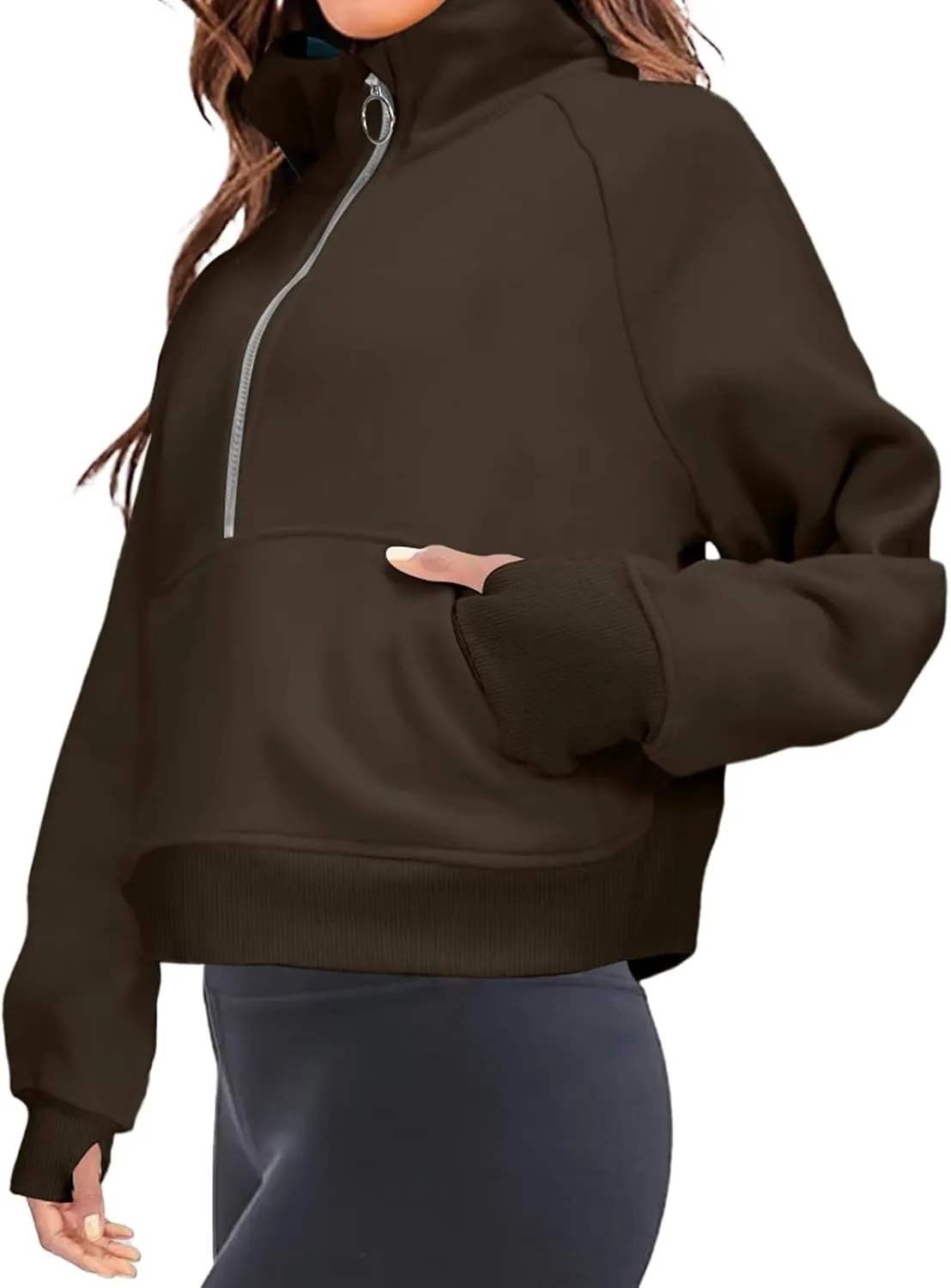 Womens Half Zip Hoodies Quarter Zipper Up Cropped Sweatshirt Long Sleeve Athletic Pullover Tops with Thumb Hole