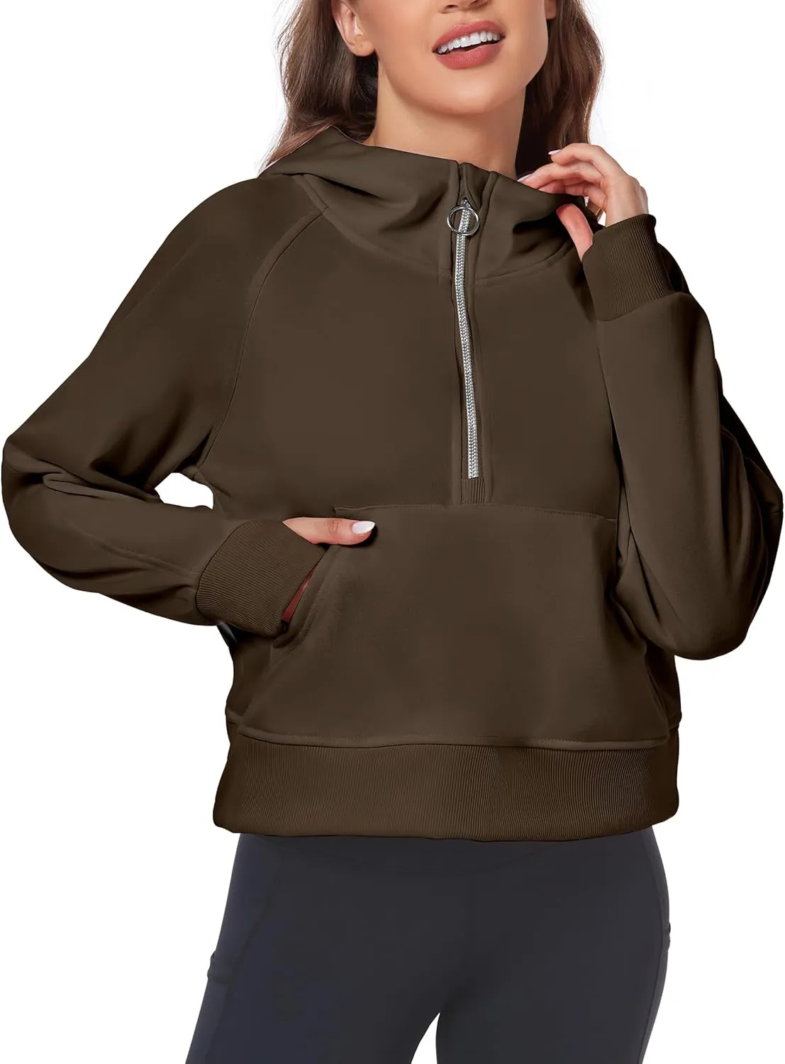 Womens Half Zip Hoodies Quarter Zipper Up Cropped Sweatshirt Long Sleeve Athletic Pullover Tops with Thumb Hole