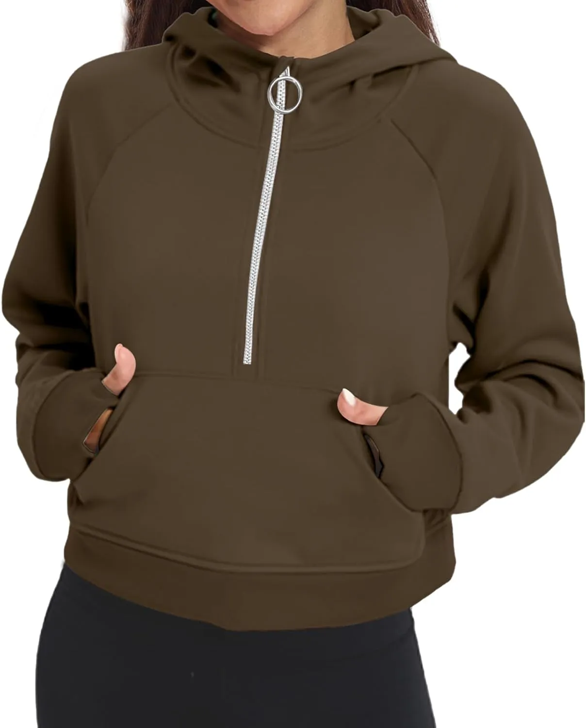 Womens Half Zip Hoodies Quarter Zipper Up Cropped Sweatshirt Long Sleeve Athletic Pullover Tops with Thumb Hole