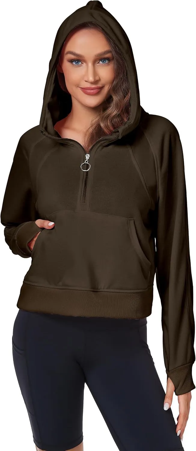 Womens Half Zip Hoodies Quarter Zipper Up Cropped Sweatshirt Long Sleeve Athletic Pullover Tops with Thumb Hole